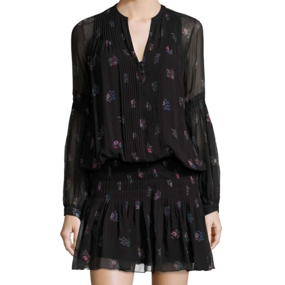 Veronica Beard New Silk Floral Dress long sleeve sz 4 Smocked Mini